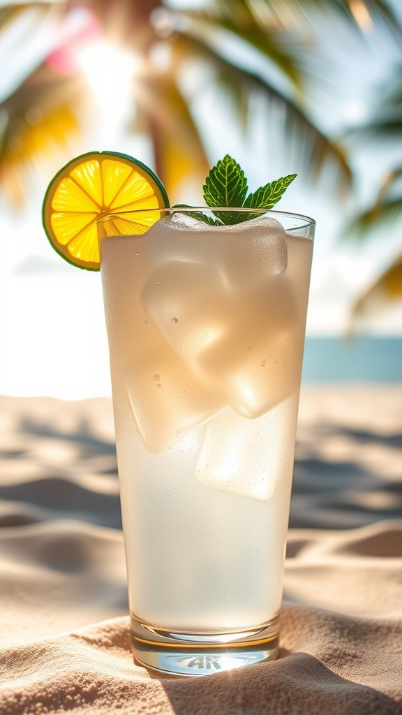A refreshing tequila coconut water drink garnished with lime and mint in a sunny beach setting.